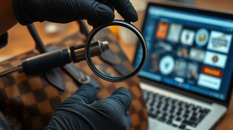 photorealistic, professional photography, 8K, cinematic lighting, sharp focus, depth of field, shot on a high-end DSLR, a close-up of a vintage designer bag being examined under a powerful jeweler's loupe, held by a pair of gloved hands, with a laptop displaying brand archives in the soft-focused background, emphasizing meticulous inspection and expert tools.