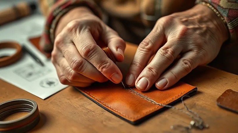 A photorealistic, professional photography, 8K image of a seasoned luxury artisan's hands, with slight wrinkles, meticulously hand-stitching a piece of fine leather with a saddle stitch, needle and thread in sharp focus. The background shows blurred tools and sketches, cinematic lighting, depth of field. Shot on a high-end DSLR.