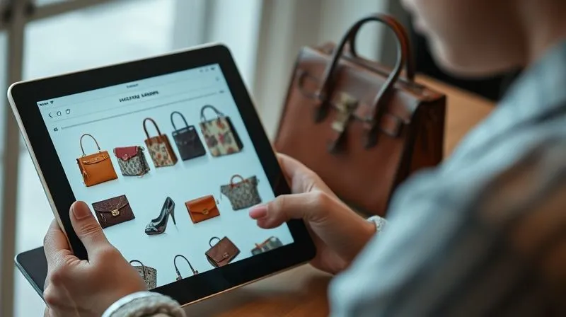 A photorealistic, professional photography, 8K image of a person studying a detailed digital archive of vintage luxury handbags on a tablet, with a physical vintage handbag next to it for comparison. The scene is well-lit, with cinematic lighting, sharp focus on the tablet screen and the bag, depth of field. Shot on a high-end DSLR.