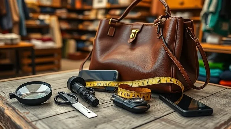 A photorealistic, professional photography, 8K image of a thrifter's authentication toolkit laid out on a distressed wooden table next to a vintage leather handbag. The toolkit includes a magnifying glass, a small UV flashlight, a measuring tape, and a smartphone, all under warm, cinematic lighting, sharp focus on the tools and bag, depth of field blurring a bustling thrift store background.