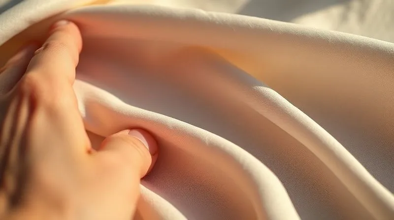 Photorealistic, professional photography, 8K, cinematic lighting, sharp focus, depth of field, shot on a high-end DSLR. A close-up, macro shot of a hand gently stretching a piece of vintage silk crepe, revealing its subtle texture and fluid drape. The light highlights the intricate weave and the luxurious sheen of the fabric, with a sense of tactile richness and historical elegance.