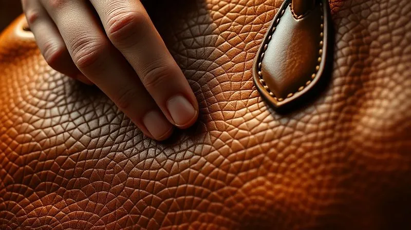 photorealistic, professional photography, 8K, cinematic lighting, sharp focus, depth of field, shot on a high-end DSLR, a close-up shot of a hand gently touching the rich, textured leather of a vintage luxury bag, showcasing the subtle grain and the quality of the material, with soft, directional lighting emphasizing the tactile experience.