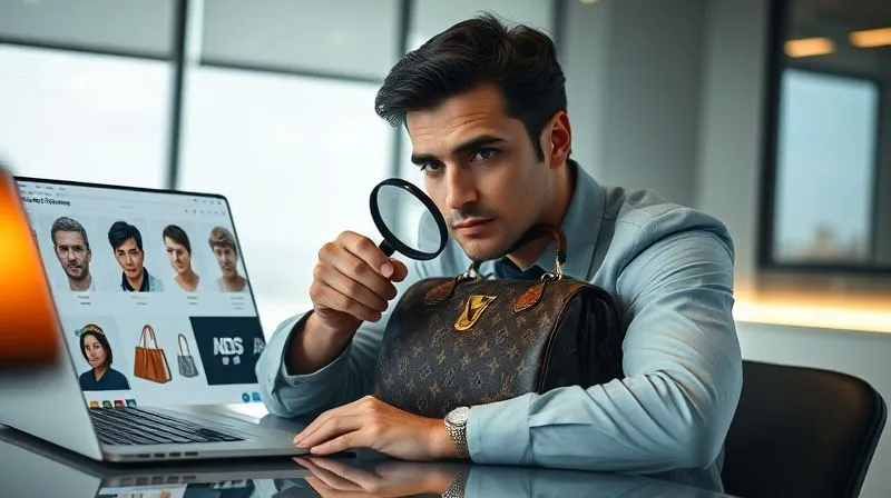 photorealistic, professional photography, 8K, cinematic lighting, sharp focus, depth of field, shot on a high-end DSLR, a person using a magnifying glass to examine a detail on a vintage luxury bag, next to a laptop displaying comparison images of authentic brand features, suggesting research and expert analysis, with a focused, serious expression.