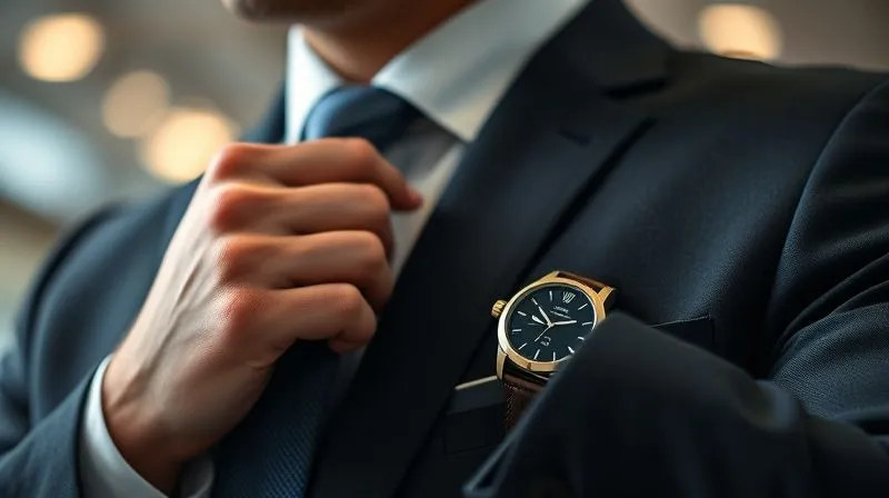 Photorealistic, professional photography, 8K, cinematic lighting, sharp focus on a well-dressed professional man's hand subtly adjusting his perfectly aligned tie bar, with a sophisticated watch peeking from his cuff. Depth of field blurring his tailored suit in the background. Shot on a high-end DSLR, conveying meticulous attention to detail and confidence.