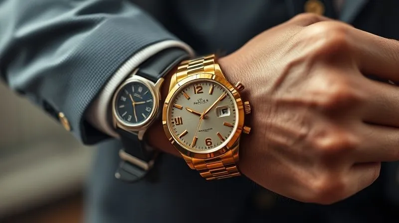 Photorealistic, professional photography, 8K, cinematic lighting, sharp focus on a professional man's wrist, showing a gold-toned watch next to a silver-toned belt buckle, creating a visual discord. Depth of field blurring the background. Shot on a high-end DSLR, emphasizing the clash of metals.