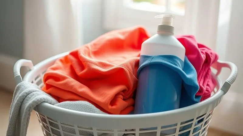 A photorealistic image of a laundry basket filled with vibrant, clean activewear, neatly folded. A bottle of eco-friendly, mild detergent specifically labeled for activewear is prominently placed beside it. Soft, natural lighting streams in from a nearby window, creating a fresh and clean aesthetic, emphasizing gentle care. Professional photography, 8K, cinematic lighting, sharp focus on the detergent bottle and activewear, depth of field blurring the background, shot on a high-end DSLR.