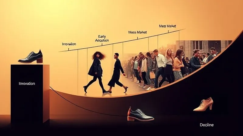 A dynamic, flowing infographic illustrating the fashion trend lifecycle: from 'Innovation' (a single, bold shoe design on a pedestal, cinematic lighting) to 'Early Adoption' (a few stylish individuals showcasing the shoe in an urban setting), 'Mass Market' (a bustling street scene with many wearing similar shoes, diverse styles), and 'Decline' (a lone, slightly worn shoe on a clearance rack in a dimly lit store). Photorealistic, professional photography, 8K, cinematic lighting, sharp focus on each stage, depth of field blurring the background, shot on a high-end DSLR.
