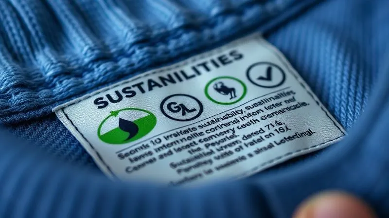 A photorealistic close-up of a clothing label with detailed, specific sustainability claims and certifications clearly visible, shot with macro lens, professional photography, 8K, cinematic lighting, sharp focus on the text, depth of field blurring the fabric, shot on a high-end DSLR, conveying transparency and detail.