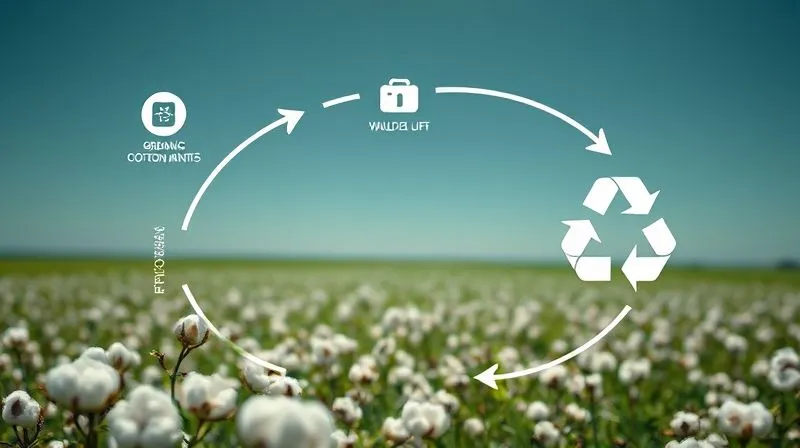 A photorealistic infographic illustrating the lifecycle of a sustainable garment, from organic cotton field to recycling symbol, with clear icons and arrows representing each stage (sourcing, manufacturing, transport, use, end-of-life), professional photography, 8K, cinematic lighting, sharp focus, depth of field, shot on a high-end DSLR, conveying a holistic view of sustainability.