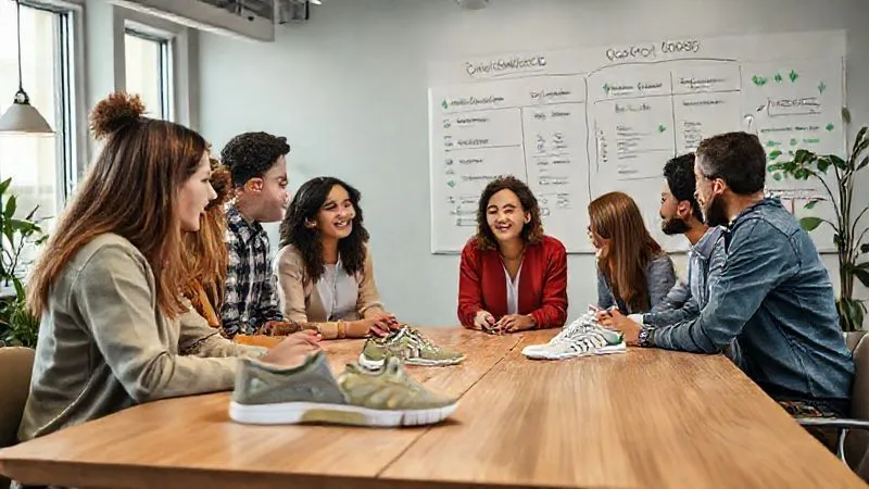 A photorealistic, professional photography image of a diverse, engaged team collaborating in a modern, sustainably designed office space, with a large whiteboard showing sustainability goals and metrics. There are eco-friendly shoe prototypes on a table. Cinematic lighting, sharp focus on the team's interaction, depth of field, 8K hyper-detailed, shot on a high-end DSLR.