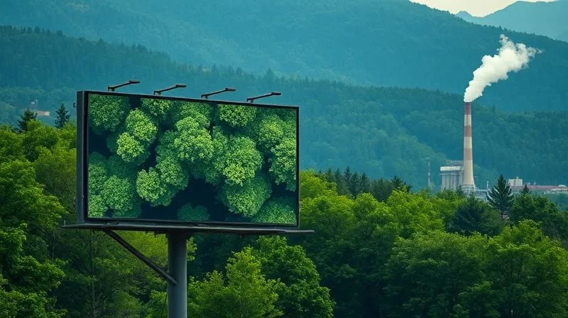 A photorealistic image of a brand's marketing billboard featuring a lush green forest, but with a subtle, almost unnoticeable factory smokestack in the distant background, symbolizing hidden environmental impact. Professional photography, 8K, cinematic lighting, sharp focus on the billboard, depth of field, shot on a high-end DSLR.