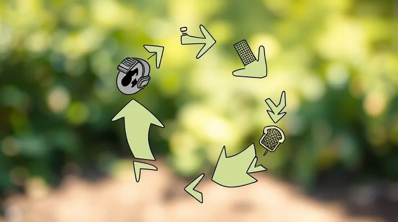 A photorealistic image showing a continuous loop or cycle, with elements representing activewear design, production, consumer use, and end-of-life recycling/repurposing, all integrated seamlessly. Soft, natural lighting, 8K, sharp focus on the cycle, depth of field, shot on a high-end DSLR.