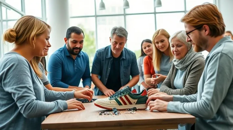 photorealistic, professional photography, 8K, cinematic lighting, sharp focus, depth of field, shot on a high-end DSLR. A diverse group of people, young and old, gathered around a table in a bright, modern workshop setting. They are engaged in a hands-on activity, possibly examining sustainable shoe materials or a deconstructed eco-friendly shoe. A brand representative, looking friendly and knowledgeable, is explaining concepts with visual aids. The atmosphere is collaborative and educational, with natural light streaming in.