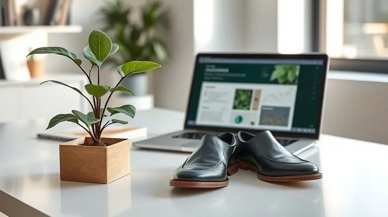 photorealistic, professional photography, 8K, cinematic lighting, sharp focus, depth of field, shot on a high-end DSLR. A modern, minimalist office space with natural light. On a clean desk, a pair of stylish sustainable shoes is displayed alongside a plant, a laptop showing a sustainability report, and a small, elegant box made of recycled paper. The overall scene conveys a harmonious integration of sustainability into a professional, lifestyle brand, emphasizing holistic values.