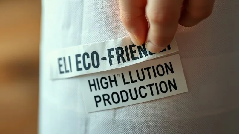 A close-up, photorealistic image of a hand peeling back a label on a roll of fabric that says 'ECO-FRIENDLY', to reveal a hidden label beneath that says 'HIGH POLLUTION PRODUCTION'. Cinematic lighting, sharp focus on the labels, depth of field, 8K, professional photography, shot on a high-end DSLR.