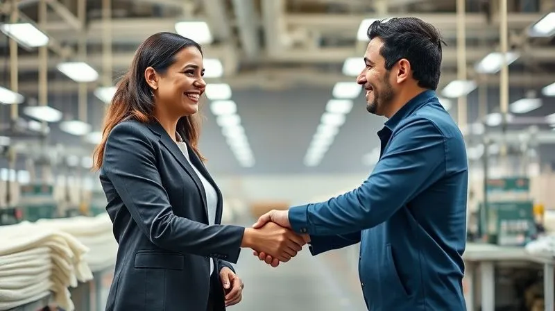 A photorealistic image of a brand representative, a woman in professional attire, shaking hands with a textile factory manager in a clean, brightly lit factory setting. They are smiling, with machinery blurred in the background, symbolizing a successful partnership and on-site verification. Professional photography, 8K, cinematic lighting, sharp focus on the handshake, depth of field, shot on a high-end DSLR.