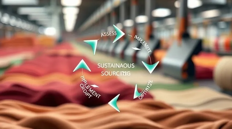 A photorealistic, professional image of a circular diagram illustrating a continuous improvement loop for sustainable sourcing, with arrows flowing between stages like 'Assess', 'Implement', 'Monitor', 'Optimize'. The diagram is clean and modern, set against a backdrop of blurred textile production. 8K, cinematic lighting, sharp focus, depth of field, shot on a high-end DSLR.