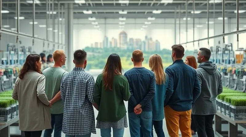 A photorealistic image of a diverse group of people, including designers, factory workers, and consumers, standing together in a bright, modern, and clean textile facility. They are looking towards a horizon where a sustainable, green city is visible, symbolizing hope and the future of ethical fashion. 8K, cinematic lighting, sharp focus on the group, depth of field, professional photography, shot on a high-end DSLR.