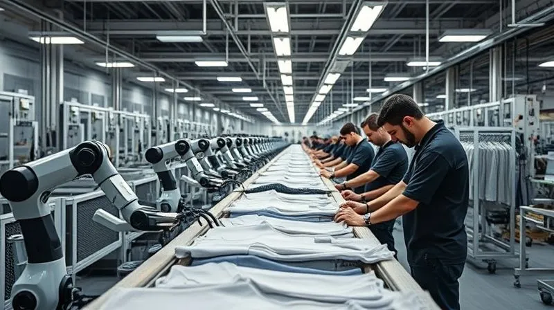 A photorealistic, professional photography image of a modern, modular apparel manufacturing facility, with robotic arms and human workers collaborating on small batch production runs. The setting emphasizes flexibility and efficiency. Cinematic lighting, sharp focus on the production line, depth of field, 8K hyper-detailed.