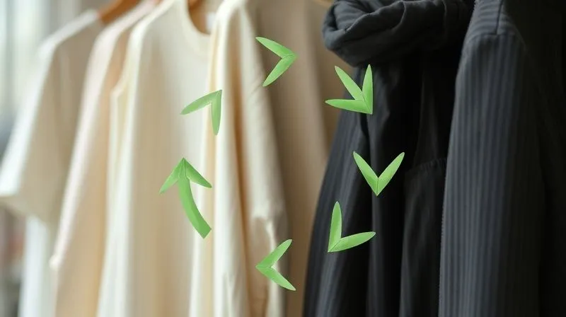 A photorealistic, professional photography image illustrating the circular economy in fashion, with garments being designed, produced, worn, repaired, and recycled in a continuous loop. Elements like natural fibers, upcycled fabrics, and a clean, green aesthetic are prominent. Cinematic lighting, sharp focus on the circular flow, depth of field, 8K hyper-detailed.
