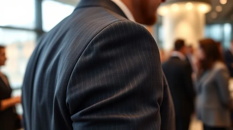 A close-up of a perfectly tailored blazer sleeve on a man, showing crisp lines and quality fabric texture (e.g., fine wool or cotton blend), with a slightly blurred background of a modern, sophisticated networking event. The focus is on the impeccable tailoring and fabric quality, emphasizing sharpness and attention to detail. photorealistic, professional photography, 8K, cinematic lighting, sharp focus, depth of field, shot on a high-end DSLR.