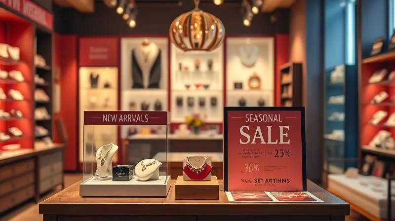 A vibrant, inviting boutique interior shot from a customer's perspective, with a strategically placed 'New Arrivals' display featuring limited-edition, on-trend jewelry, and a 'Seasonal Sale' section with tastefully discounted items. The overall impression is one of curated elegance and thoughtful presentation. Professional photography, 8K, cinematic lighting, sharp focus on the displays, depth of field, shot on a high-end DSLR.
