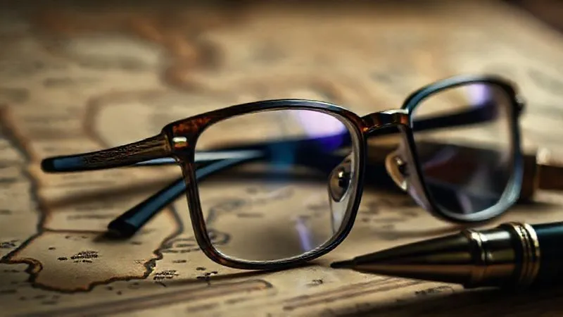 A close-up, photorealistic professional photography shot of a luxury designer eyeglass frame, dramatically lit to highlight intricate details and craftsmanship, with an antique map and a vintage pen softly blurred in the background, suggesting heritage and storytelling. 8K hyper-detailed, sharp focus, depth of field, cinematic lighting.