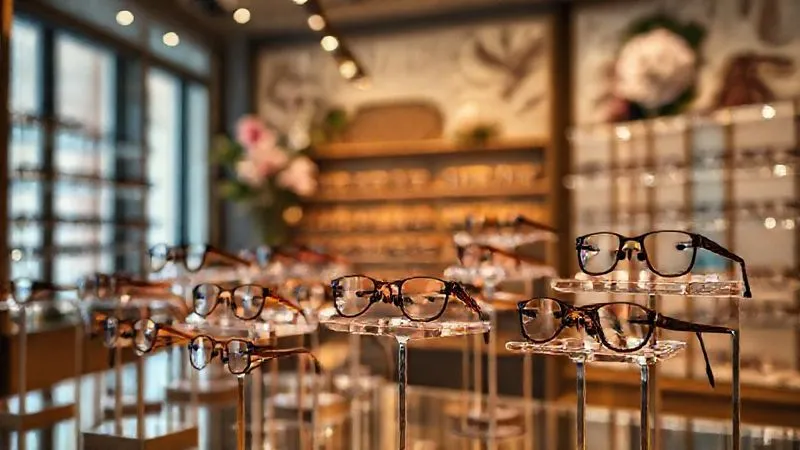 A photorealistic, professional photography shot of a beautifully curated display of luxury designer eyeglasses in a high-end boutique. Soft, warm cinematic lighting highlights individual frames on elegant stands, with subtle floral accents and rich textures in the background. Sharp focus on the eyewear, depth of field creating an inviting atmosphere. 8K hyper-detailed.
