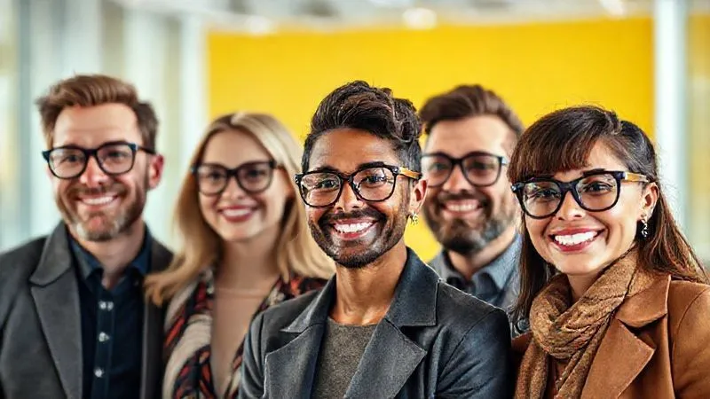 A photorealistic, professional photography shot of a diverse group of stylish individuals, each wearing different designer eyeglasses, smiling and interacting naturally in a bright, modern setting. The image should convey authenticity and confidence, with sharp focus on the eyewear and faces, depth of field blurring the background slightly. 8K hyper-detailed, vibrant yet natural lighting.