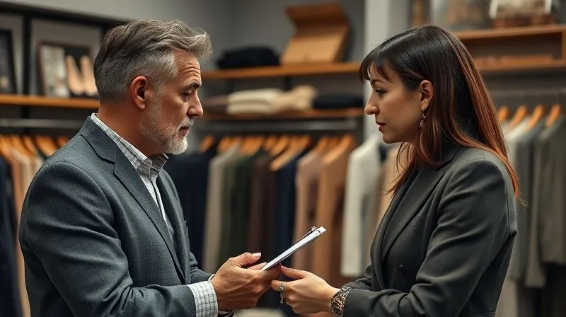 A photorealistic, professional photography, 8K, cinematic lighting, sharp focus, depth of field, shot on a high-end DSLR, showing a fashion designer attentively listening to a client in a bespoke atelier. The designer has a thoughtful expression, perhaps taking notes, while the client speaks passionately, surrounded by luxurious fabrics and design books, emphasizing deep, empathetic communication.