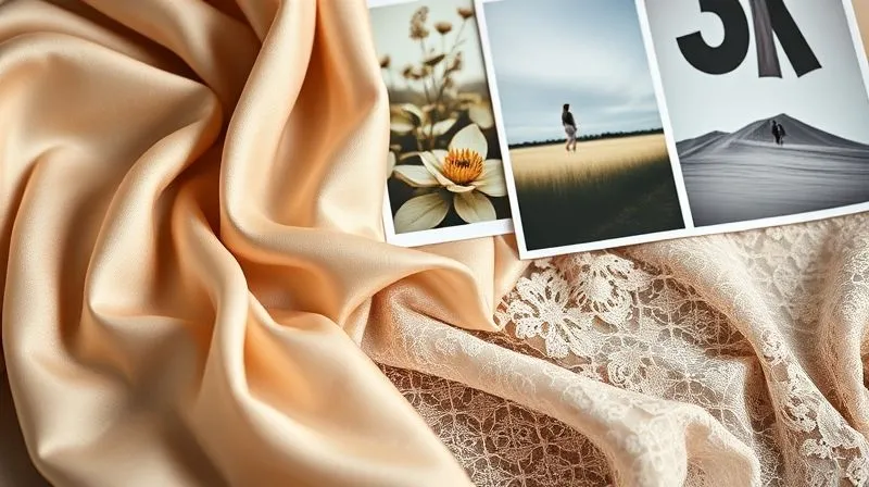 A photorealistic, professional photography, 8K, cinematic lighting, sharp focus, depth of field, shot on a high-end DSLR, capturing a meticulously curated mood board. It features luxurious fabric swatches (silk, velvet, lace), evocative images of art and nature, and a few powerful descriptive words, all arranged harmoniously to convey a specific haute couture aesthetic, with soft, natural light illuminating the textures.