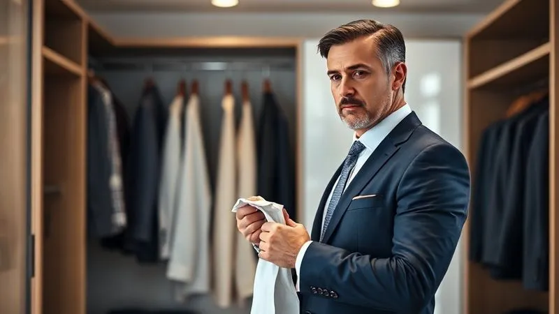 A photorealistic image of a thoughtful male executive, mid-40s, impeccably dressed in a tailored navy suit, standing in front of an open, organized walk-in closet. He is reviewing his clothing options with a discerning gaze, perhaps holding a classic white shirt, contemplating his professional style archetype. The lighting is soft and natural, emphasizing introspection. professional photography, 8K, cinematic lighting, sharp focus on the executive, depth of field blurring the background, shot on a high-end DSLR.