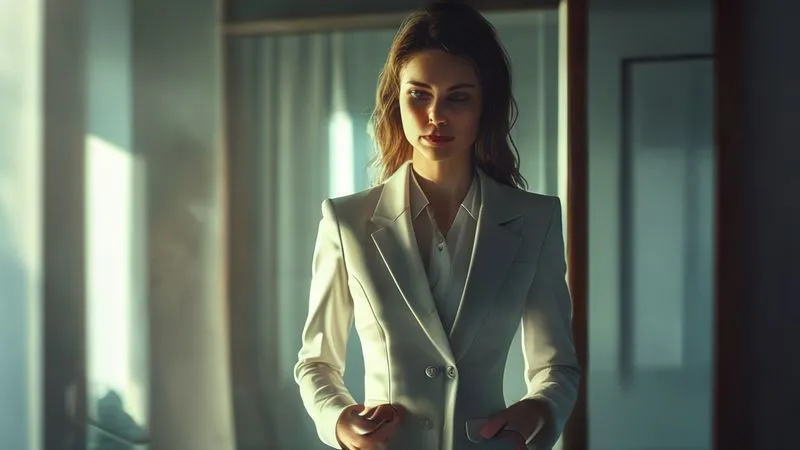 A photorealistic professional woman standing in front of a full-length mirror, adjusting the fit of a perfectly tailored blazer, soft natural light, sharp focus on the garment details, depth of field blurring her reflection, 8K hyper-detailed.