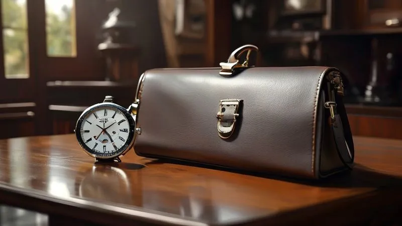 A close-up, photorealistic shot of a high-quality leather handbag with subtle, elegant hardware, resting on a polished wooden desk next to a classic watch, cinematic lighting highlighting textures, sharp focus, 8K hyper-detailed.