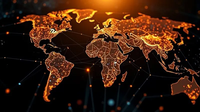 A complex, glowing map of a global supply chain, showing interconnected nodes and pathways, photorealistic, professional photography, 8K, cinematic lighting, sharp focus, depth of field, shot on a high-end DSLR.