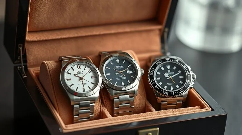 A photorealistic image of a sophisticated watch display case open, showcasing three distinct luxury watches: a classic dress watch, a versatile steel sports watch, and a elegant GMT watch. Each watch is gleaming under soft, focused lighting, resting on plush velvet. 8K, professional photography, sharp focus on the watches, depth of field blurring the background, shot on a high-end DSLR.