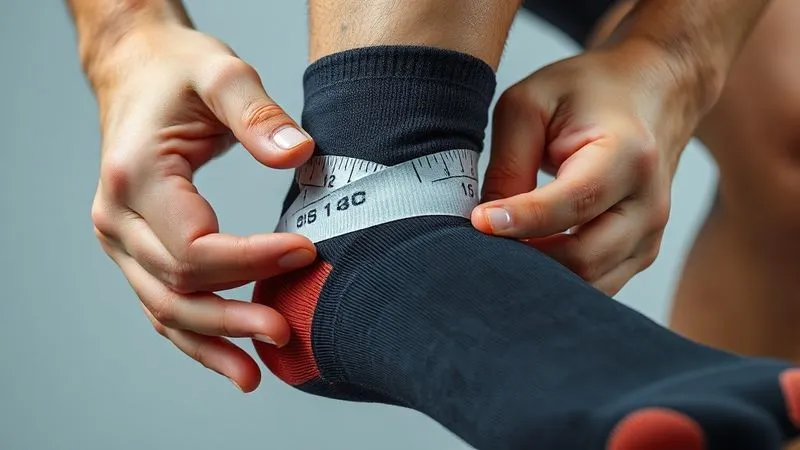 A photorealistic close-up image of a person's lower leg, with a soft measuring tape accurately wrapped around the ankle and calf, illustrating the precise measurement process for compression socks. Hands are gently holding the tape, with a clear focus on the measurements. Professional photography, 8K, sharp focus, depth of field.