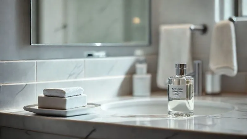 photorealistic, professional photography, 8K, cinematic lighting, sharp focus, depth of field, shot on a high-end DSLR, a meticulously organized bathroom counter with minimalist, unscented grooming products (soap, lotion, deodorant) alongside a small, elegant bottle of a very subtle, clean-smelling fragrance. The lighting is soft and natural, emphasizing a sense of purity and thoughtful preparation for the day.