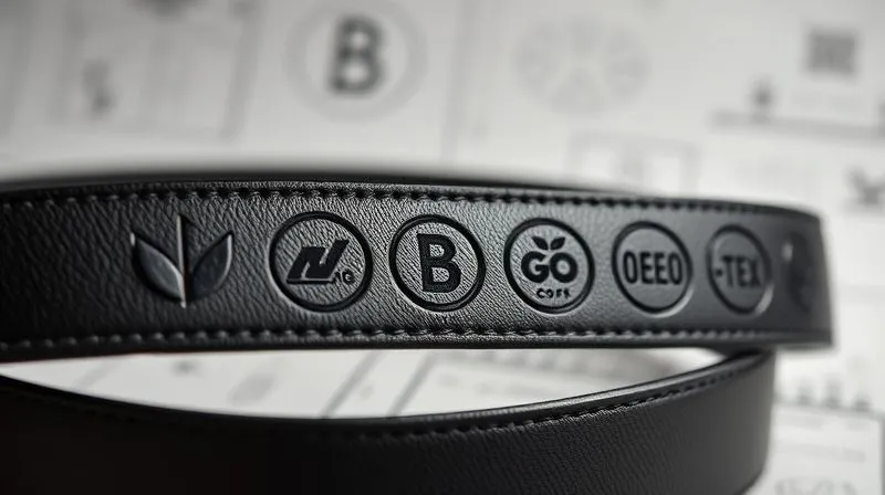 A photorealistic, professional photography shot of various sustainability certification logos (e.g., LWG, B Corp, GOTS, OEKO-TEX) subtly embossed or printed on a luxurious, subtly textured belt material. Cinematic lighting, sharp focus on the logos and material, depth of field blurring a background of design sketches. 8K hyper-detailed.