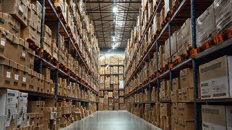 photorealistic, professional photography, 8K, cinematic lighting, sharp focus, depth of field, shot on a high-end DSLR, a vast, slightly cluttered retail warehouse aisle with shelves stacked high with boxes, some boxes clearly labeled 'Winter Collection', a single beam of light cutting through dust motes, conveying a sense of stagnation and the burden of unsold stock.