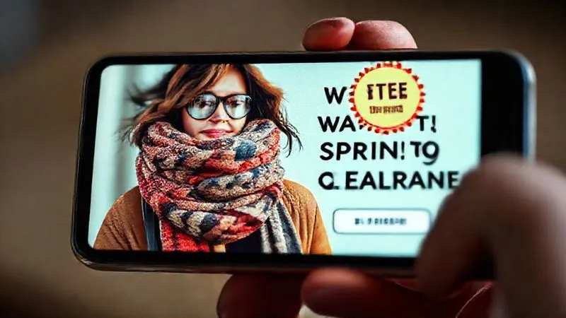 photorealistic, professional photography, 8K, cinematic lighting, sharp focus, depth of field, shot on a high-end DSLR, a vibrant social media ad banner on a smartphone screen, showcasing a stylish person wearing a winter scarf in a creative, transitional spring outfit, with text overlay 'Winter Warmth, Spring Style: Shop Our Clearance!' and a prominent 'Limited Time Offer' badge.