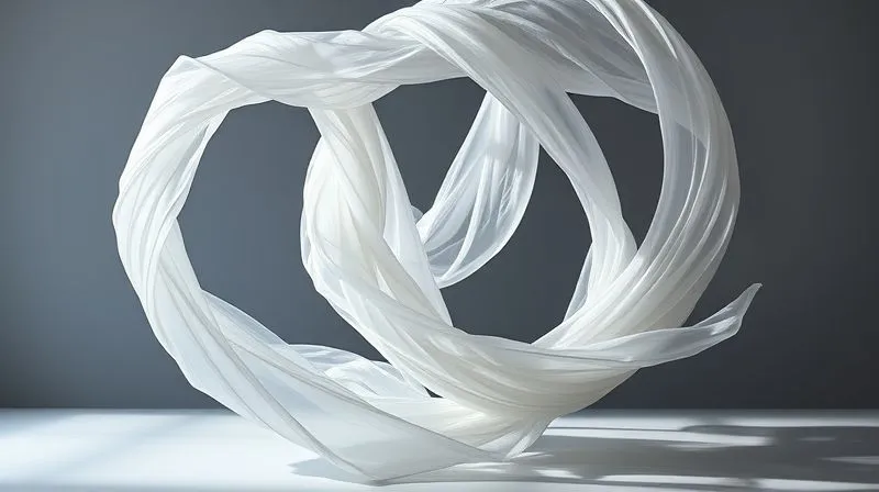 A photorealistic, abstract sculpture composed of flowing, translucent fabric intertwining with stark, geometric voids, creating a dynamic interplay of light and shadow. The fabric appears to defy gravity, holding impossible shapes, with sharp focus on the textures and the clear definition of the empty spaces. Cinematic lighting from multiple angles, 8K hyper-detailed, professional photography.