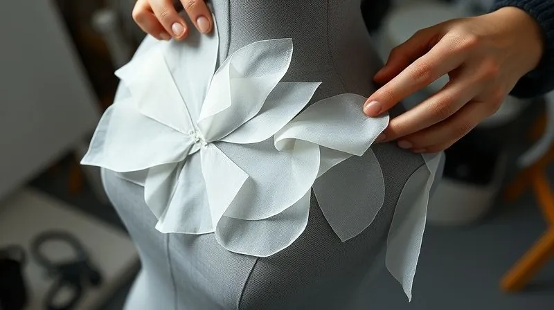 A photorealistic close-up of a haute couture designer's hands meticulously pinning complex, abstract pattern pieces of translucent white muslin onto a grey dress form. The pattern pieces are non-traditional, featuring organic curves and sharp angles that defy conventional garment construction, creating a sculptural, emerging silhouette. Cinematic lighting from above, casting subtle shadows, sharp focus on the hands and intricate pinning, depth of field blurring the background of other design tools. 8K hyper-detailed, professional photography.