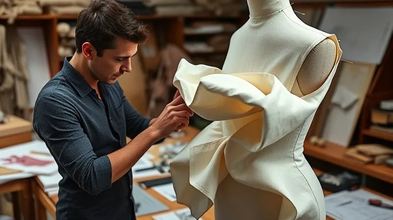 A photorealistic image of a haute couture designer, with focused concentration, meticulously adjusting a complex, sculptural toile (muslin mock-up) on a dress form. The toile features exaggerated volumes and unconventional draping, with pins and chalk marks indicating ongoing refinements. The designer's hands are precise, surrounded by bolts of fabric, sketches, and tools on a cluttered yet organized workbench. Cinematic lighting illuminates the fabric folds and the designer's hands, sharp focus on the details of the toile, depth of field blurring the background of the atelier. 8K hyper-detailed, professional photography.