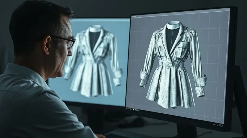 A photorealistic shot of a costume designer at a computer monitor, comparing two digital images of a distressed costume side-by-side. One image is the original, the other is a replicated version, with a subtle overlay grid highlighting inconsistencies. The screen glows with cinematic light, reflecting on the designer's focused face. 8K, sharp focus, depth of field, shot on a high-end DSLR.
