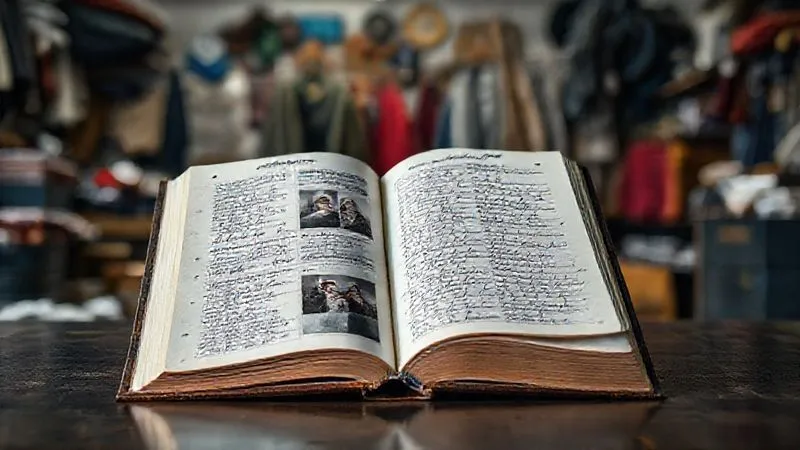 photorealistic, professional photography, 8K, cinematic lighting, sharp focus on an open, meticulously organized 'Costume Breakdown Bible' notebook with high-resolution photos, fabric swatches, and handwritten notes. Depth of field blurring a cluttered but organized costume workshop in the background. Shot on a high-end DSLR, emotional resonance of detailed planning and precision.