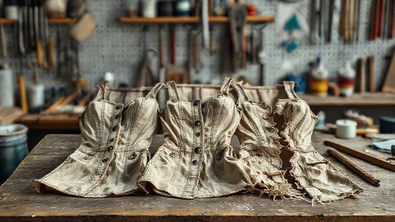 photorealistic, professional photography, 8K, cinematic lighting, sharp focus on three identical costume pieces laid side-by-side on a workbench, each showing a different stage of distressing – one lightly aged, one moderately distressed, and one heavily broken down. Depth of field blurring various tools and paints in the background. Shot on a high-end DSLR, emotional resonance of progressive artistic transformation.