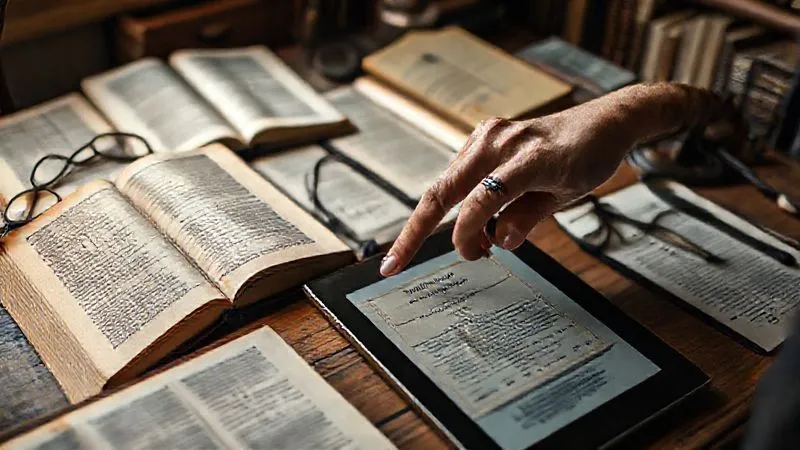 A photorealistic, professional photography, 8K, cinematic lighting, sharp focus, depth of field, shot on a high-end DSLR. A vintage wooden desk overflowing with open fashion history books, magnifying glasses, and a tablet displaying a digital archive. A hand, perhaps wearing a delicate vintage ring, points to a detail on an old garment label, surrounded by a soft, warm glow. The scene evokes meticulous research and a passion for historical detail.
