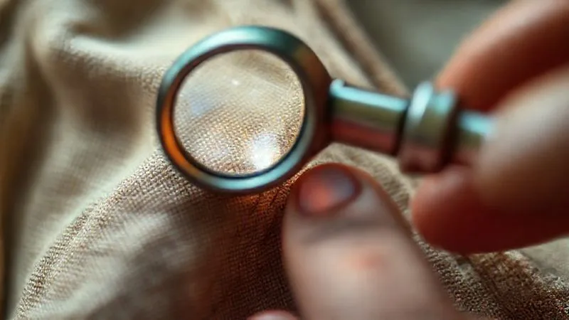 A photorealistic, professional photography, 8K, cinematic lighting, sharp focus, depth of field, shot on a high-end DSLR. A close-up, macro shot of a hand meticulously examining the intricate stitching and fabric weave of a vintage garment with a jeweler's loupe. The fabric shows subtle signs of age and quality, with a soft, warm light highlighting the texture. The background is blurred, focusing entirely on the detailed inspection.