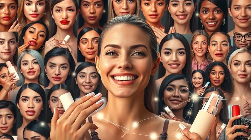 A photorealistic mosaic of diverse faces, each holding or applying a beauty product, signifying user-generated content and community. The central image is a beauty influencer smiling, with glowing lines connecting her to the mosaic. Professional photography, 8K, cinematic lighting, sharp focus on the connections, depth of field.